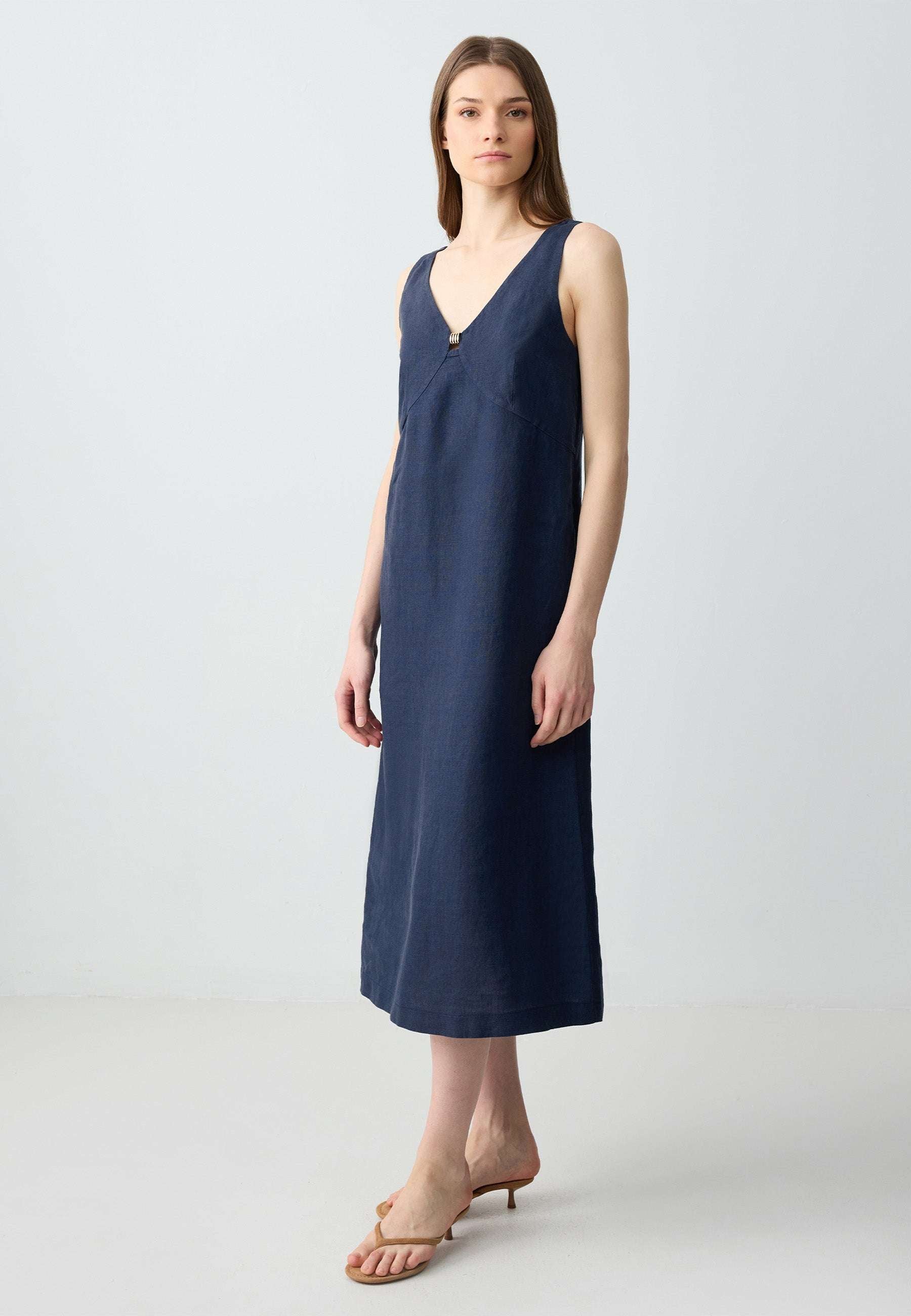 Loose fit V-neck Woven Dark Blue Dress