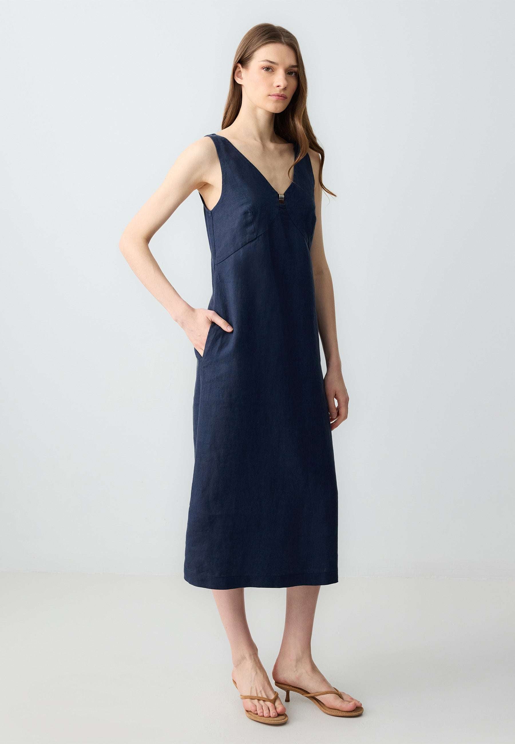 Loose fit V-neck Woven Dark Blue Dress