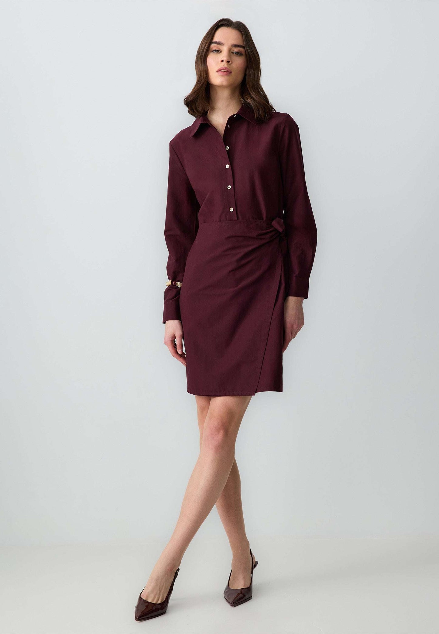 Long Sleeve Shirt Collar Woven Mini Dress