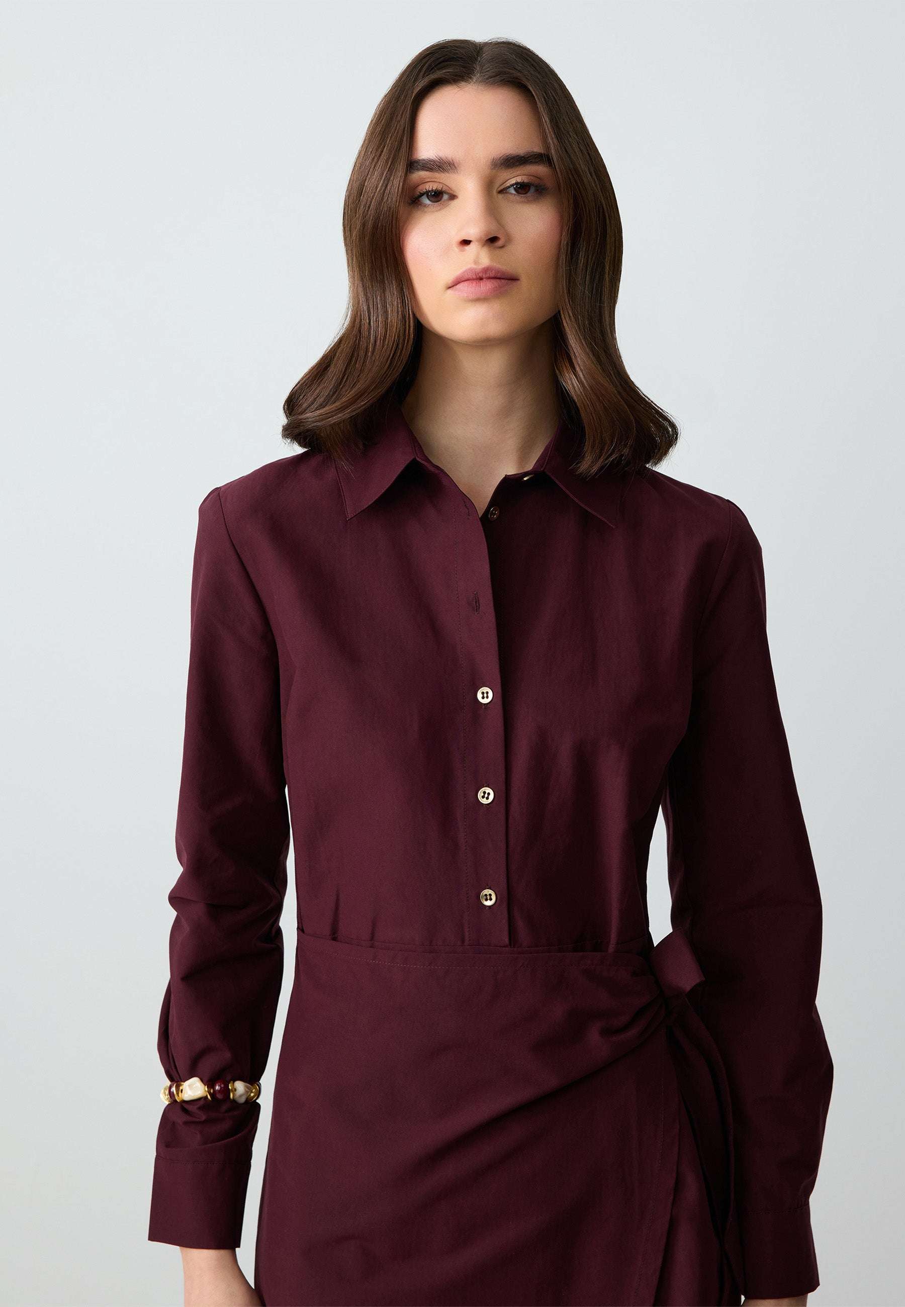 Long Sleeve Shirt Collar Woven Mini Dress