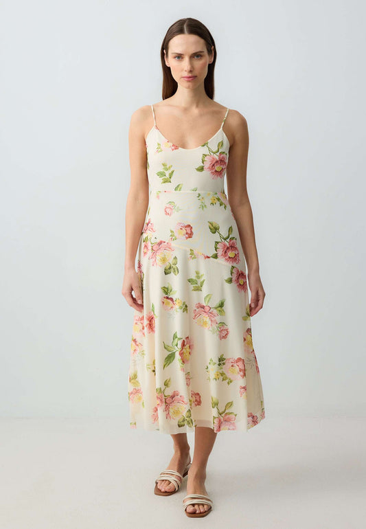 Slim Fitted Straps Open Neck Patterned Mesh Knitted Midi Dress