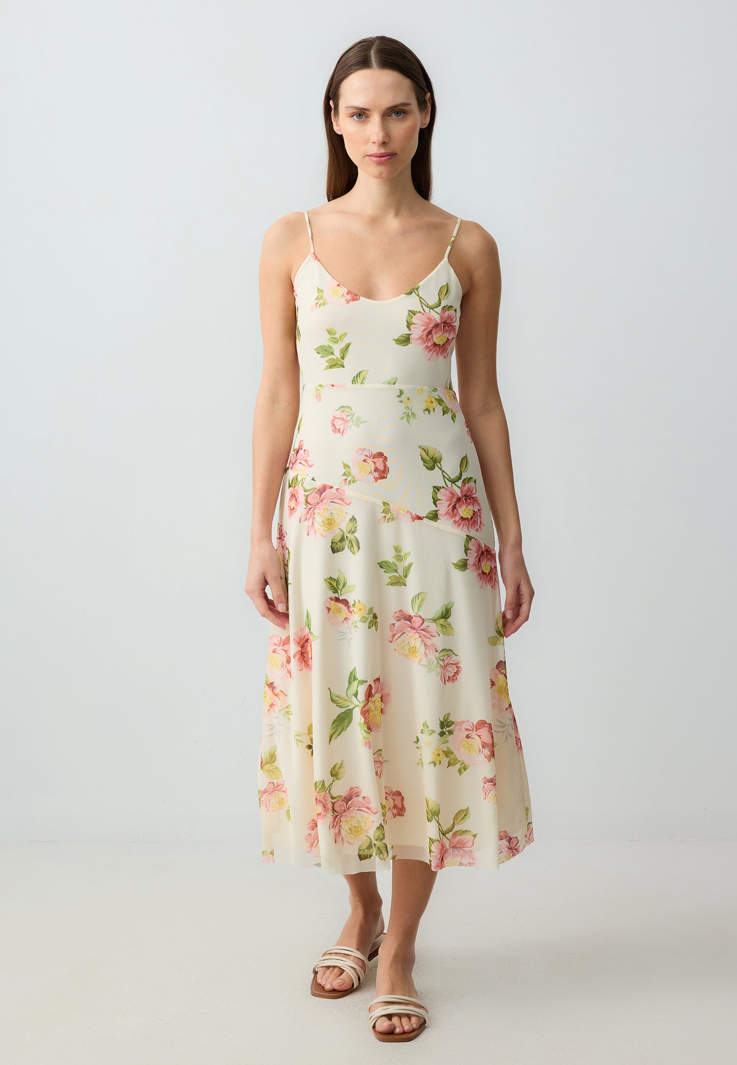 Slim Fitted Straps Open Neck Patterned Mesh Knitted Midi Dress