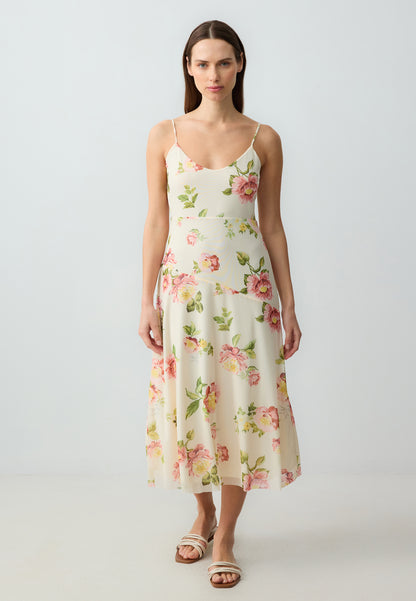 Slim Fitted Straps Open Neck Patterned Mesh Knitted Midi Dress