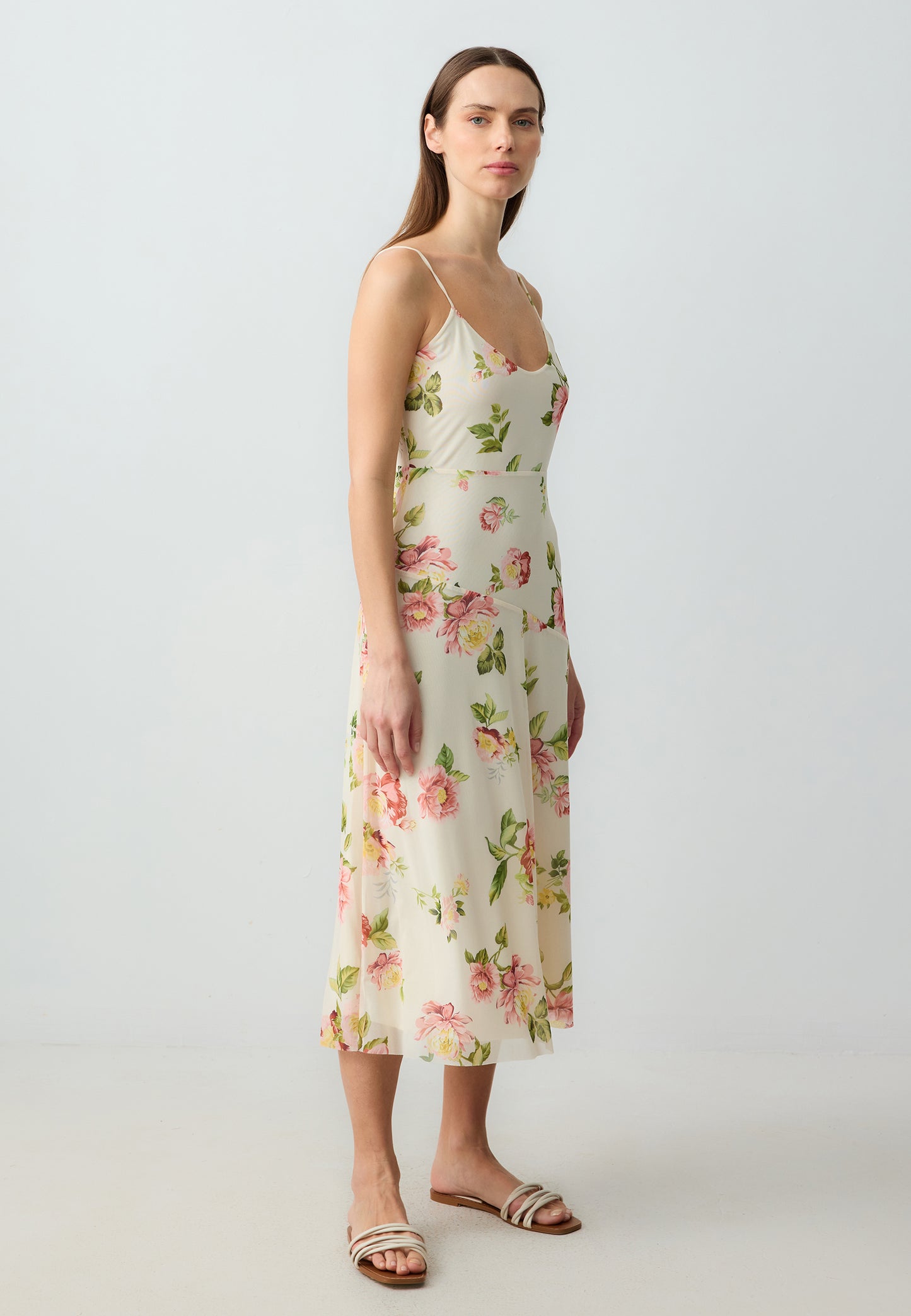 Slim Fitted Straps Open Neck Patterned Mesh Knitted Midi Dress