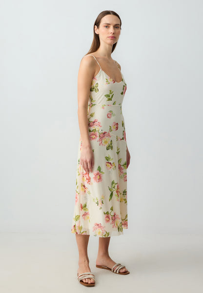 Slim Fitted Straps Open Neck Patterned Mesh Knitted Midi Dress