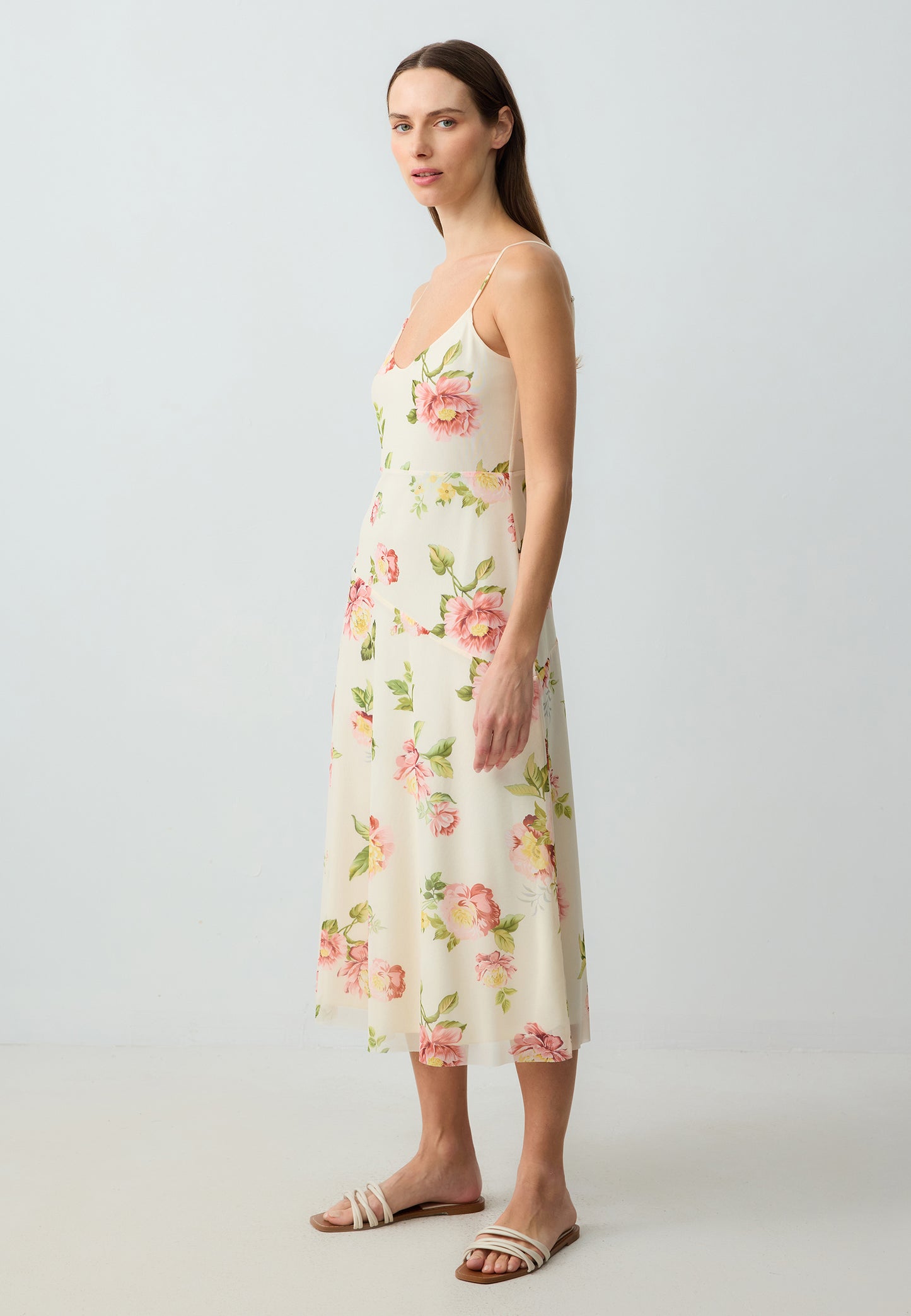 Slim Fitted Straps Open Neck Patterned Mesh Knitted Midi Dress