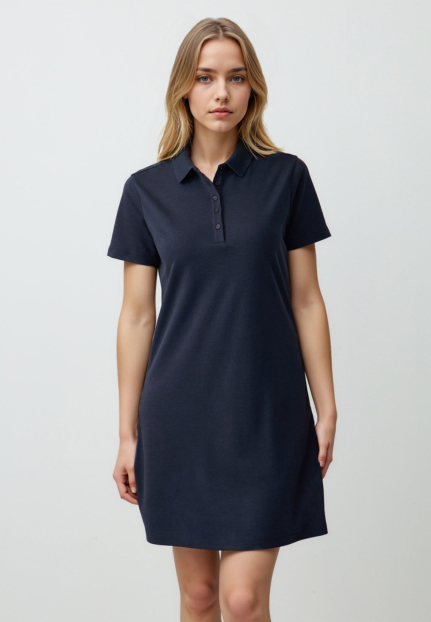 Straight Cut Shirt Collar Short Sleeve Mini Knitted Dress
