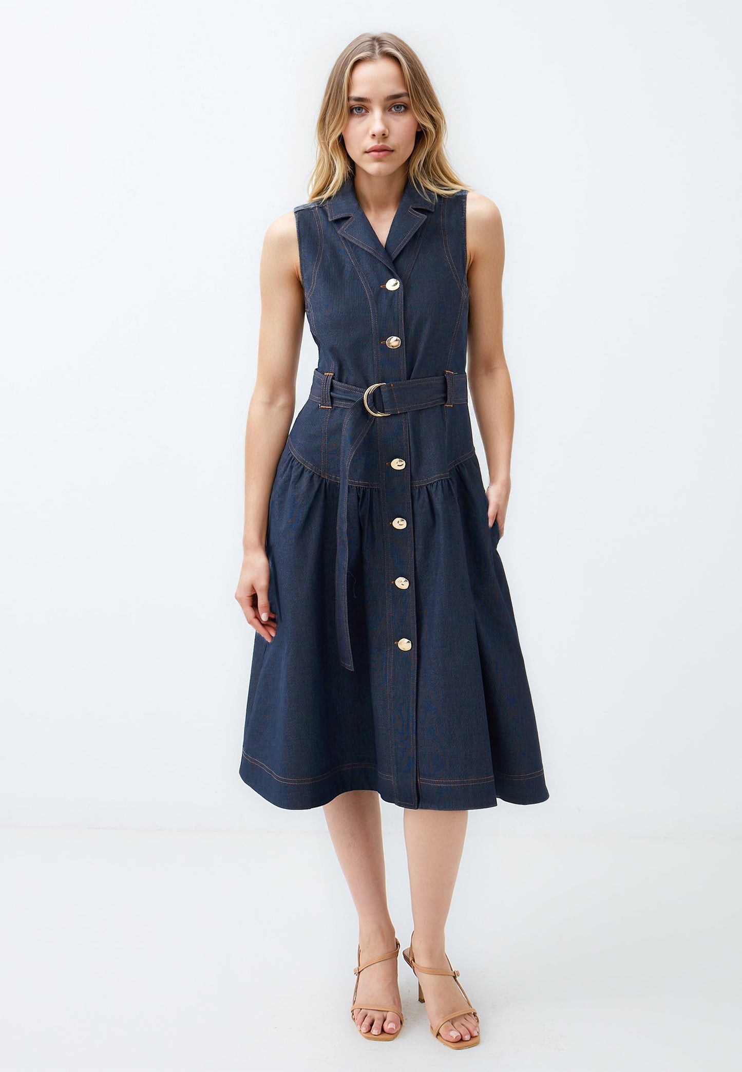 Sleeveless Midi Dress with Double Breasted Belt Detail