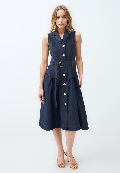 Sleeveless Midi Dress with Double Breasted Belt Detail