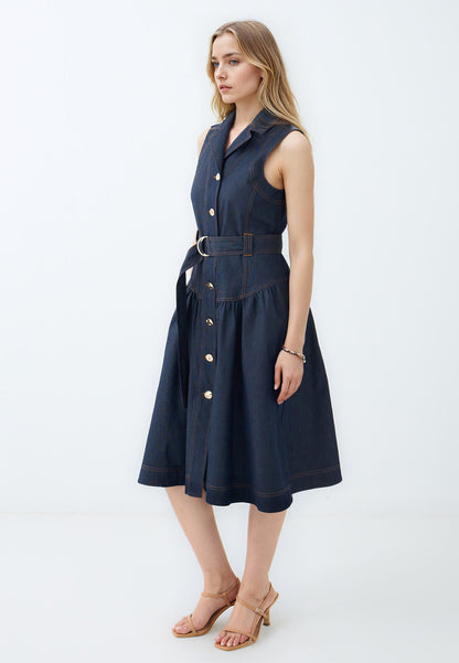Sleeveless Midi Dress with Double Breasted Belt Detail