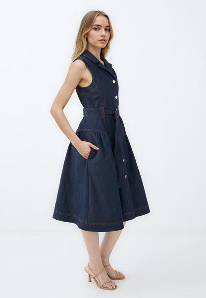 Sleeveless Midi Dress with Double Breasted Belt Detail