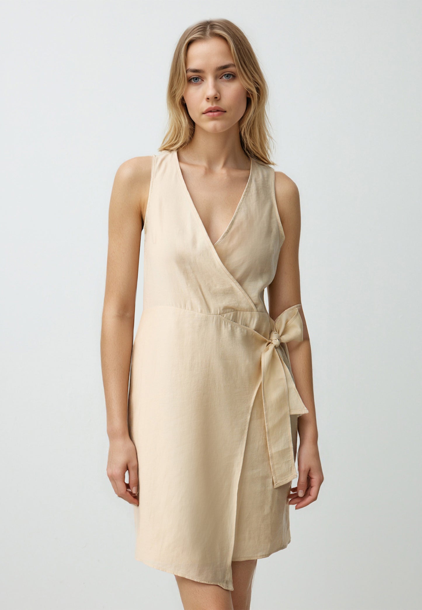 V Neck Sleeveless Woven Mini Dress With Bow Detail