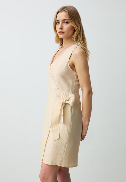 V Neck Sleeveless Woven Mini Dress With Bow Detail