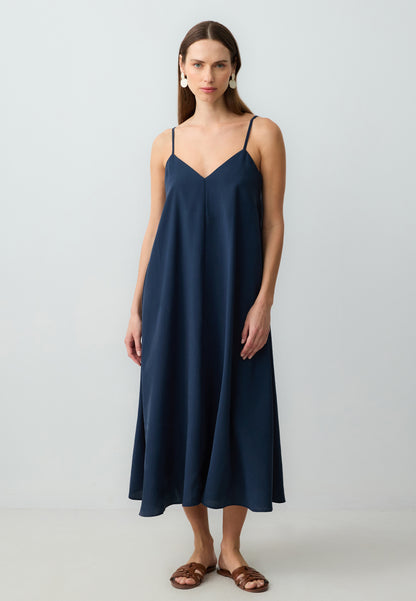 Loose Fit V-Neck Spaghetti Straps Midi Dark Blue Woven Dress