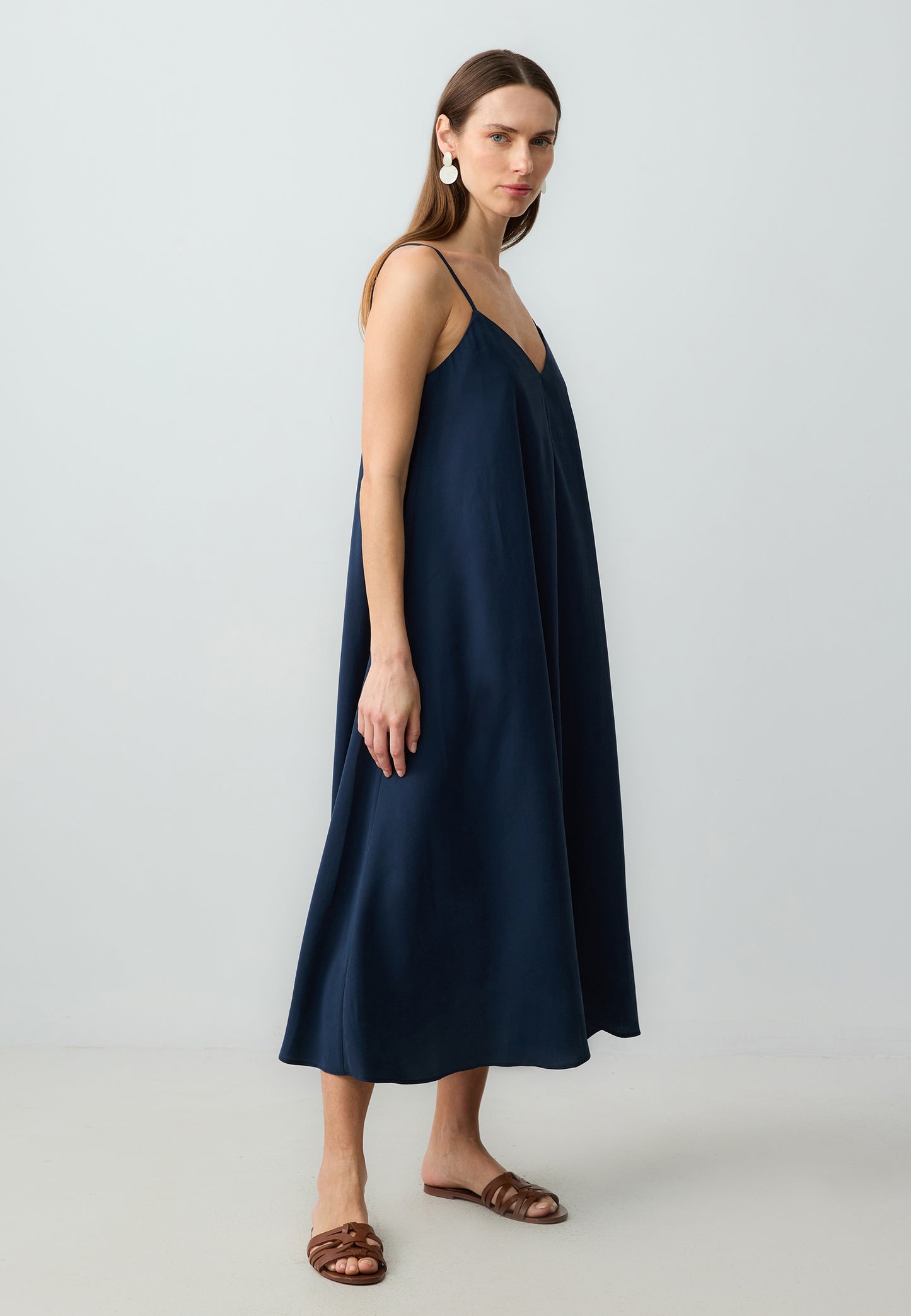 Loose Fit V-Neck Spaghetti Straps Midi Dark Blue Woven Dress