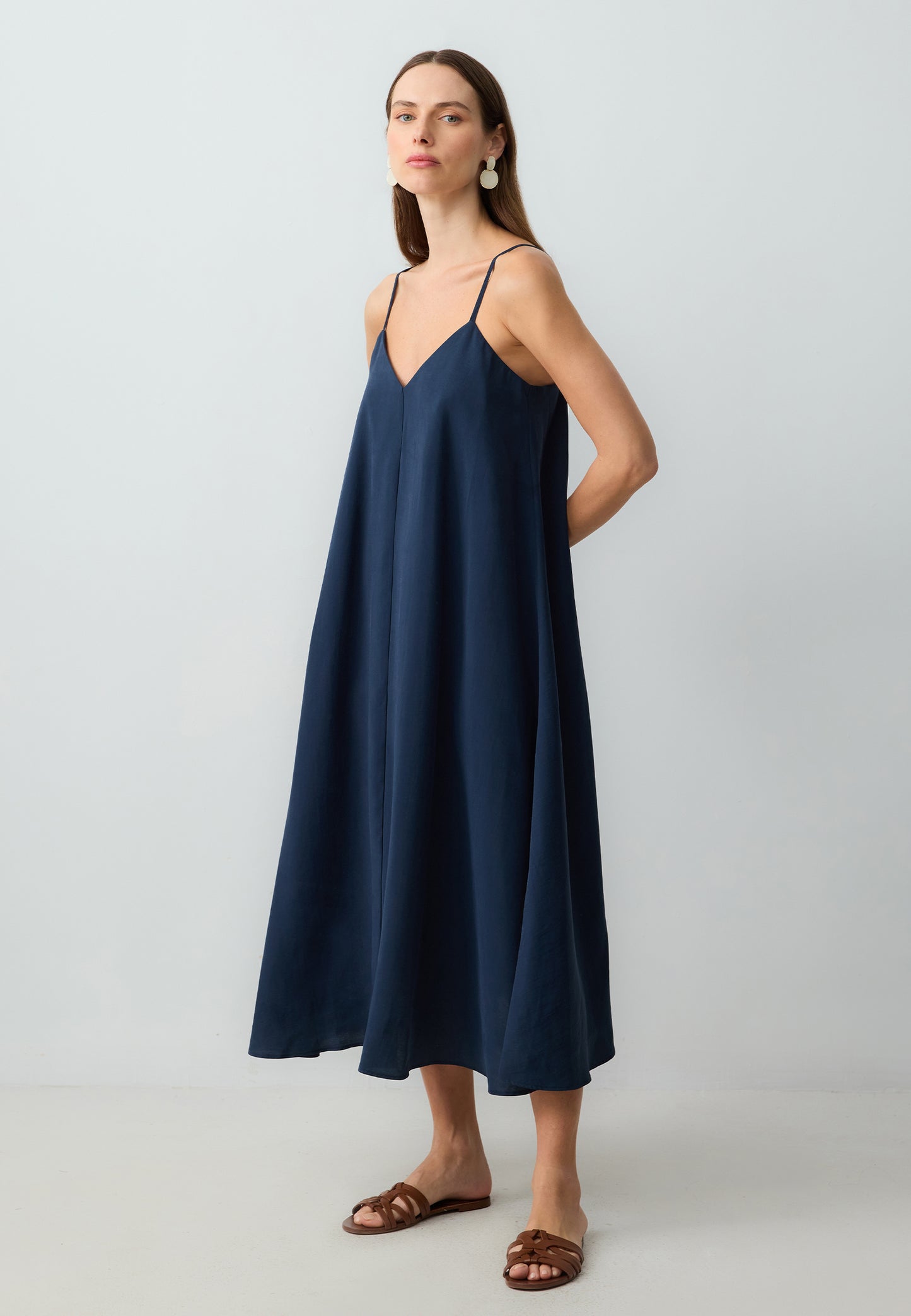 Loose Fit V-Neck Spaghetti Straps Midi Dark Blue Woven Dress