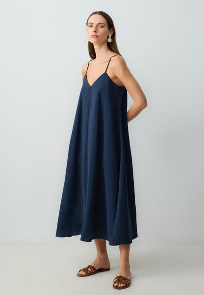 Loose Fit V-Neck Spaghetti Straps Midi Dark Blue Woven Dress