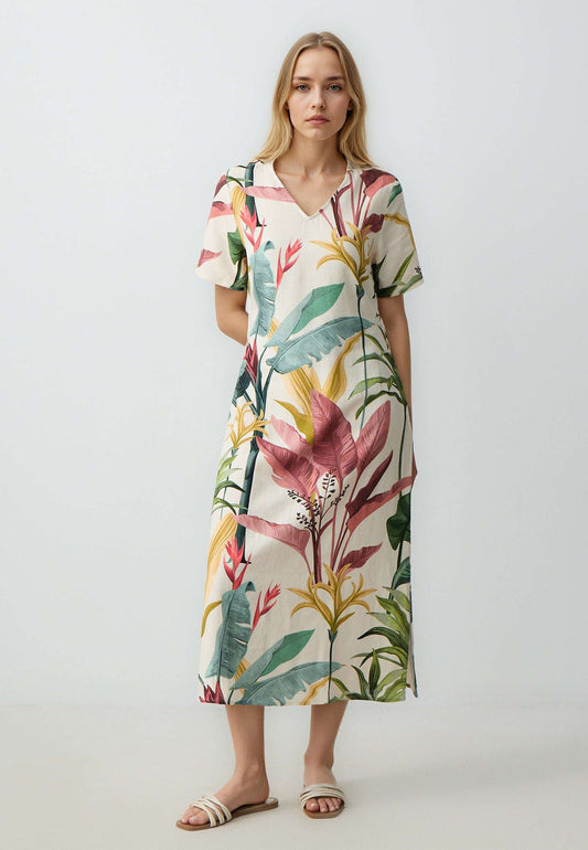 Regular Fit V-Neck Woven Ecru Dress