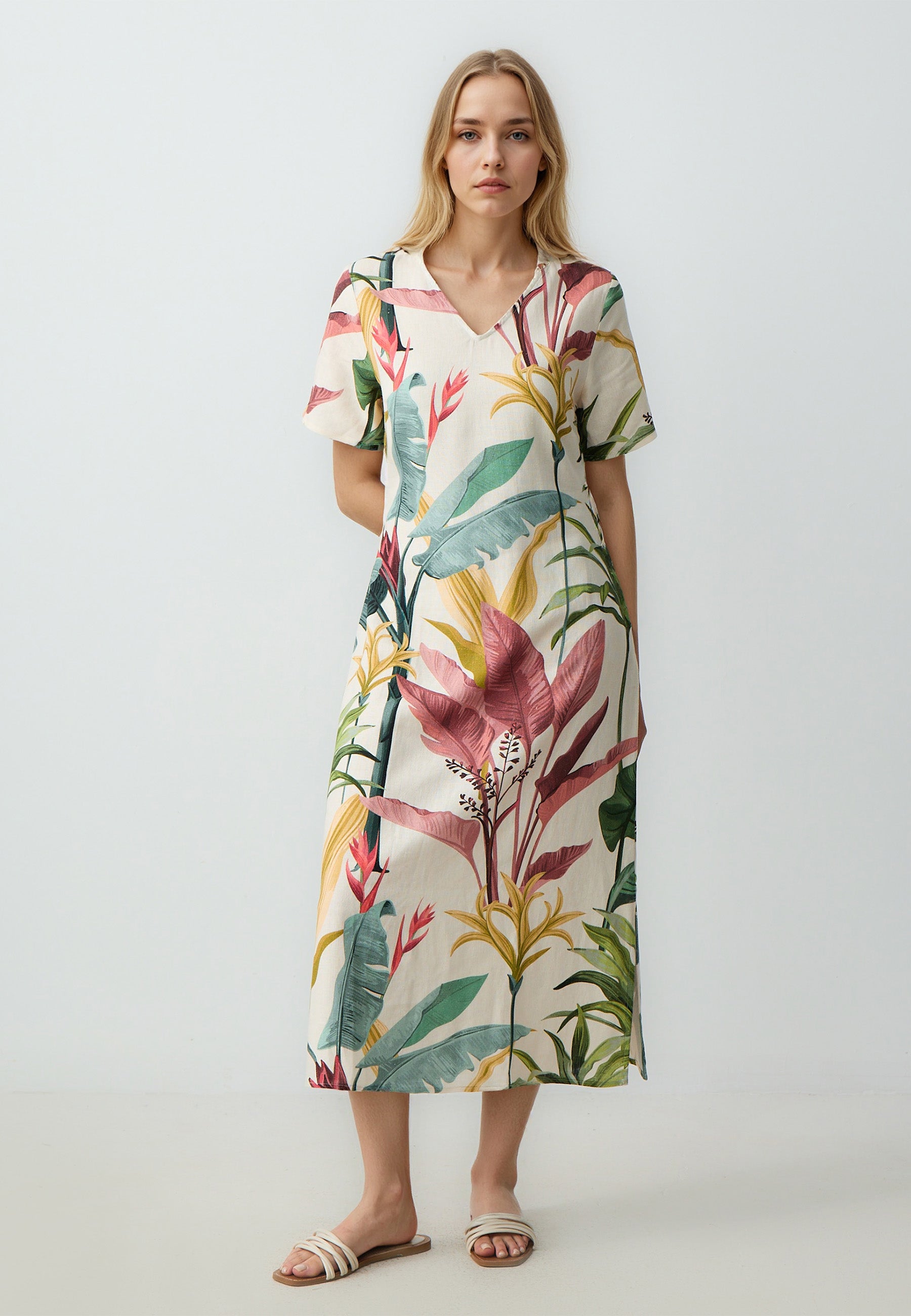 Regular Fit V-Neck Woven Ecru Dress