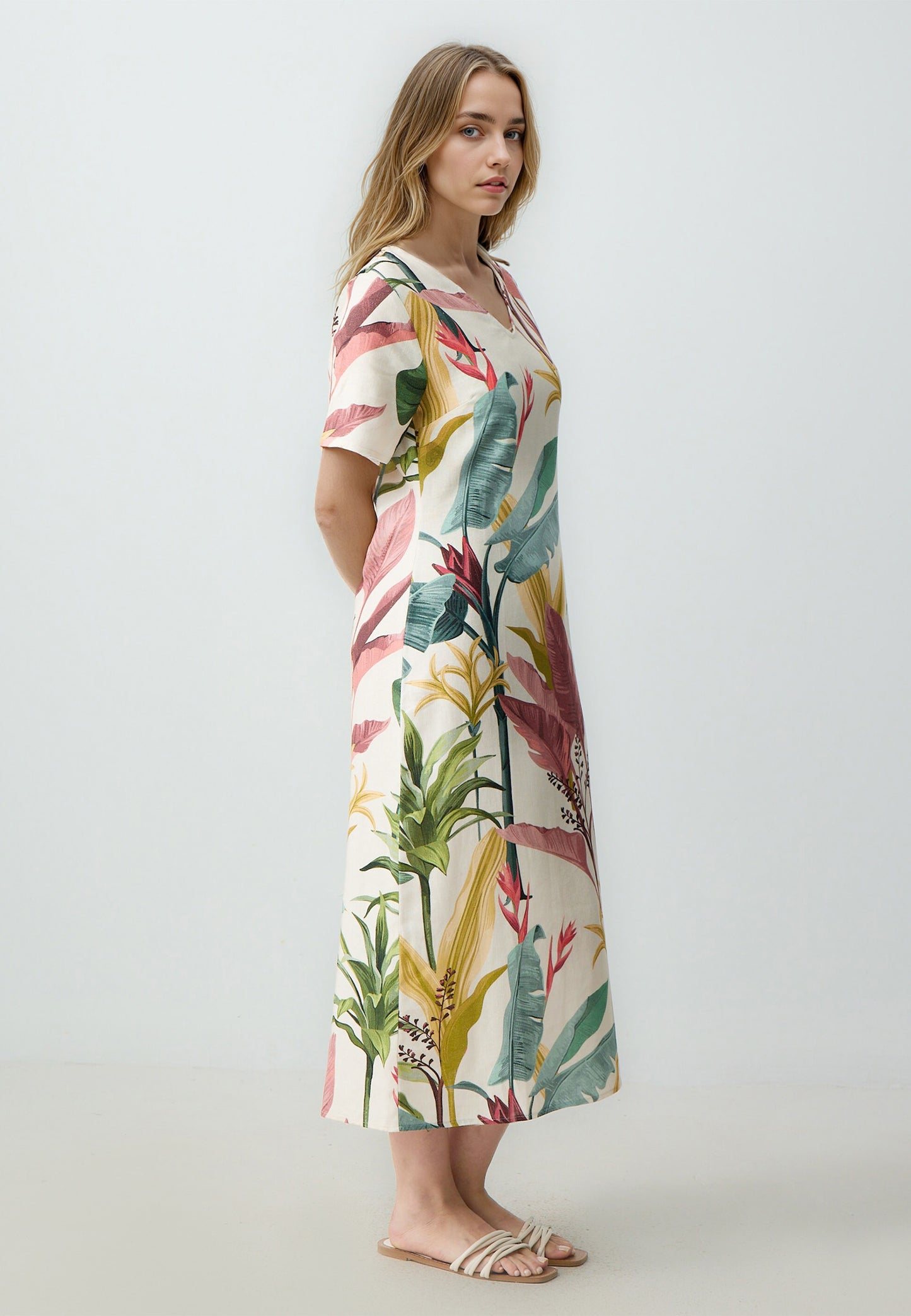 Regular Fit V-Neck Woven Ecru Dress