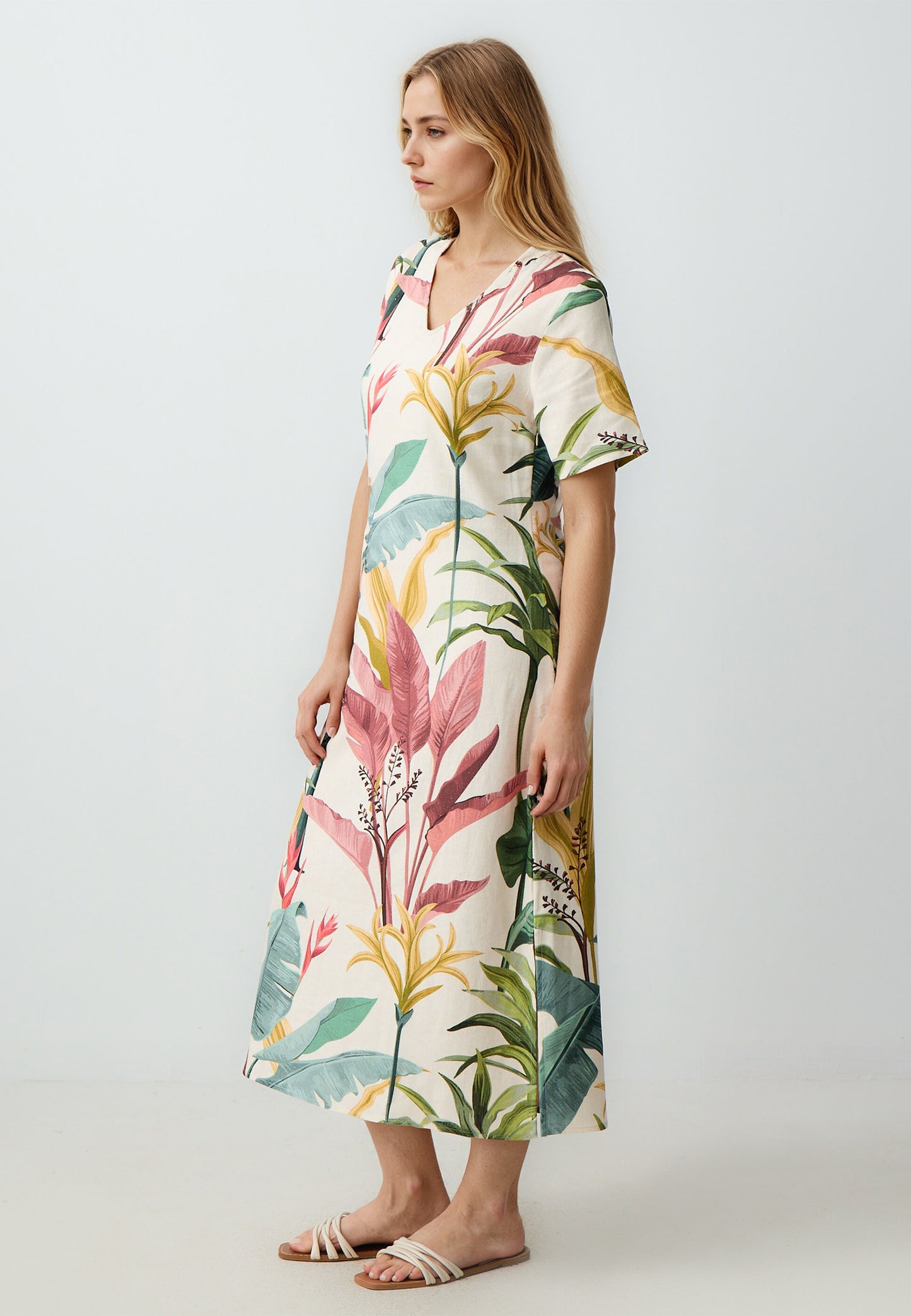 Regular Fit V-Neck Woven Ecru Dress
