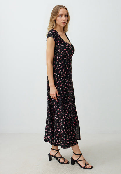 Floral Patterned Slit Square Neck Short Sleeve Knitted Midi Dress