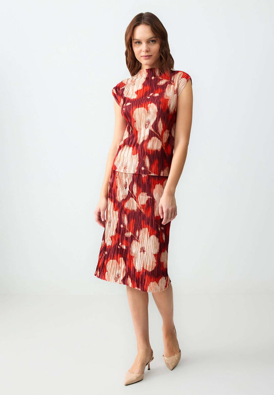 Regular Waist Floral Patterned Knitted Midi Skirt