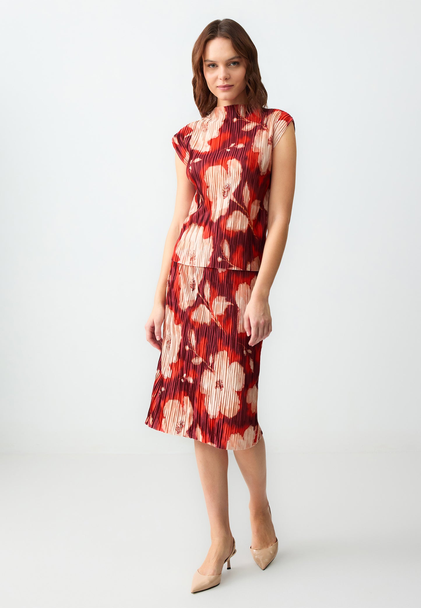 Regular Waist Floral Patterned Knitted Midi Skirt