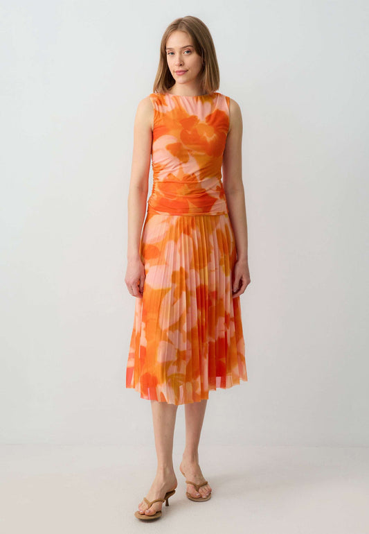 Regular Waist Pleated Floral Patterned Mesh Knitted Midi Skirt
