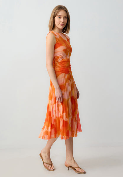 Regular Waist Pleated Floral Patterned Mesh Knitted Midi Skirt