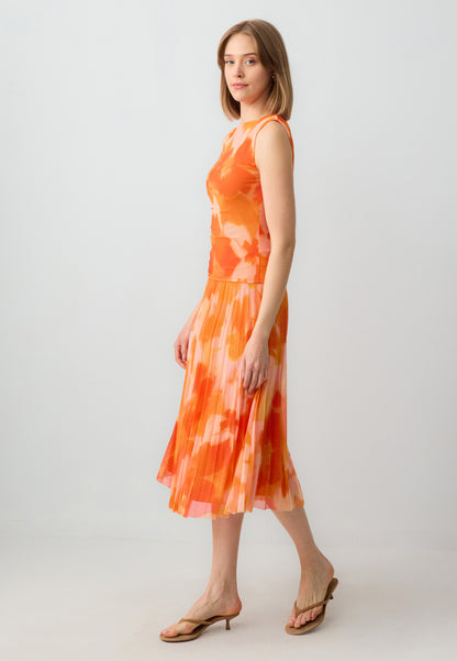 Regular Waist Pleated Floral Patterned Mesh Knitted Midi Skirt