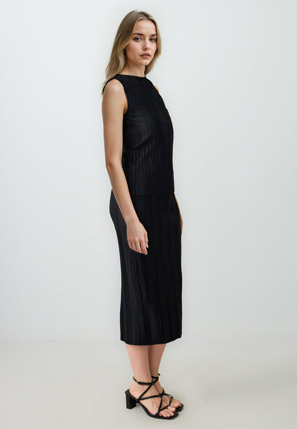 Straight Cut Regular Waist Pleated Knitted Midi Skirt