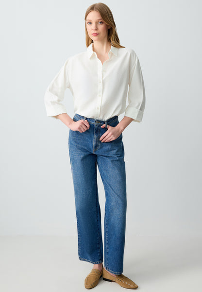 Loose fit Shirt Collar 3/4 length Ecru Woven Shirt