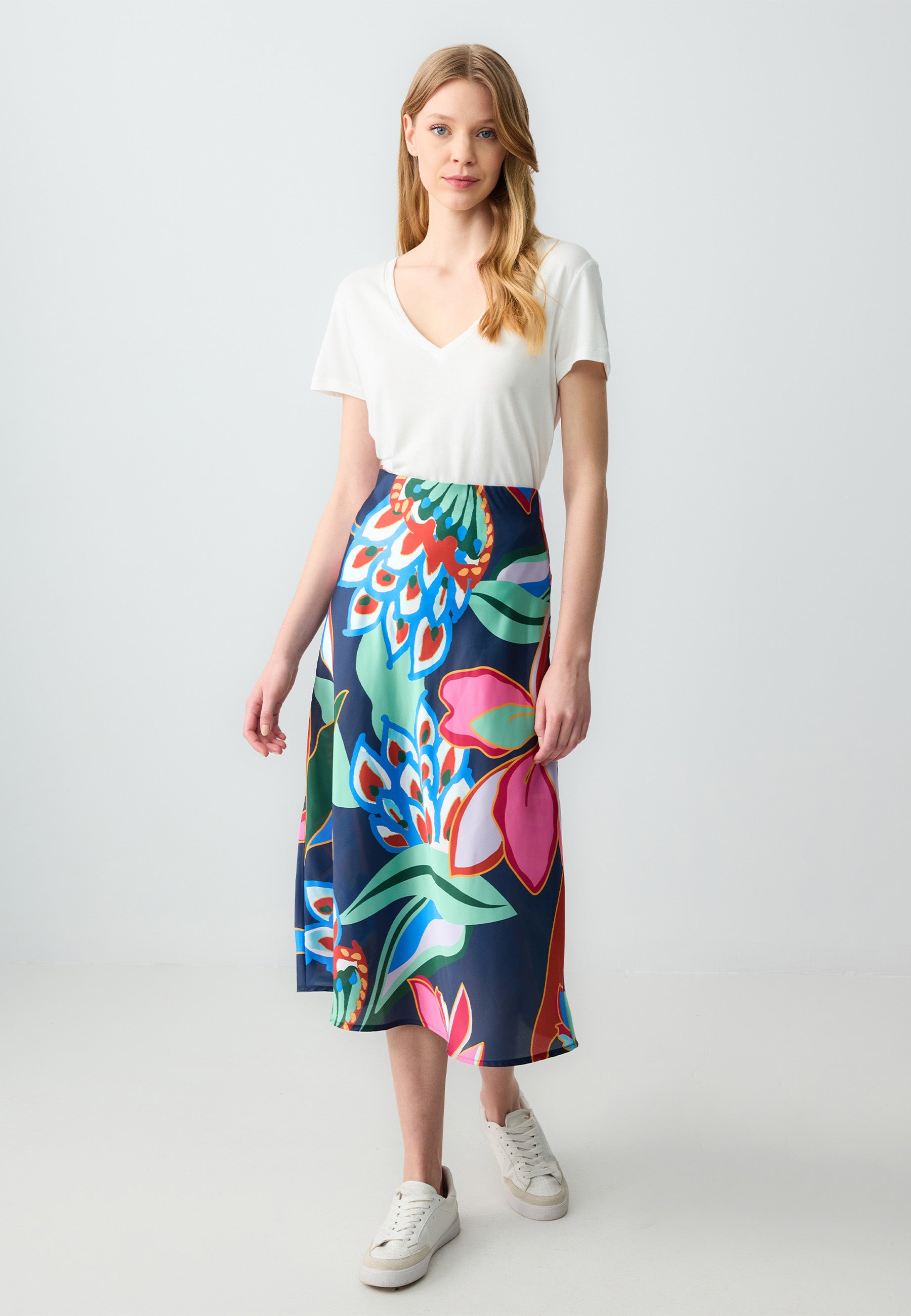 Regular Fit High Waist Midi Length Woven Multi-Coloured Skirt