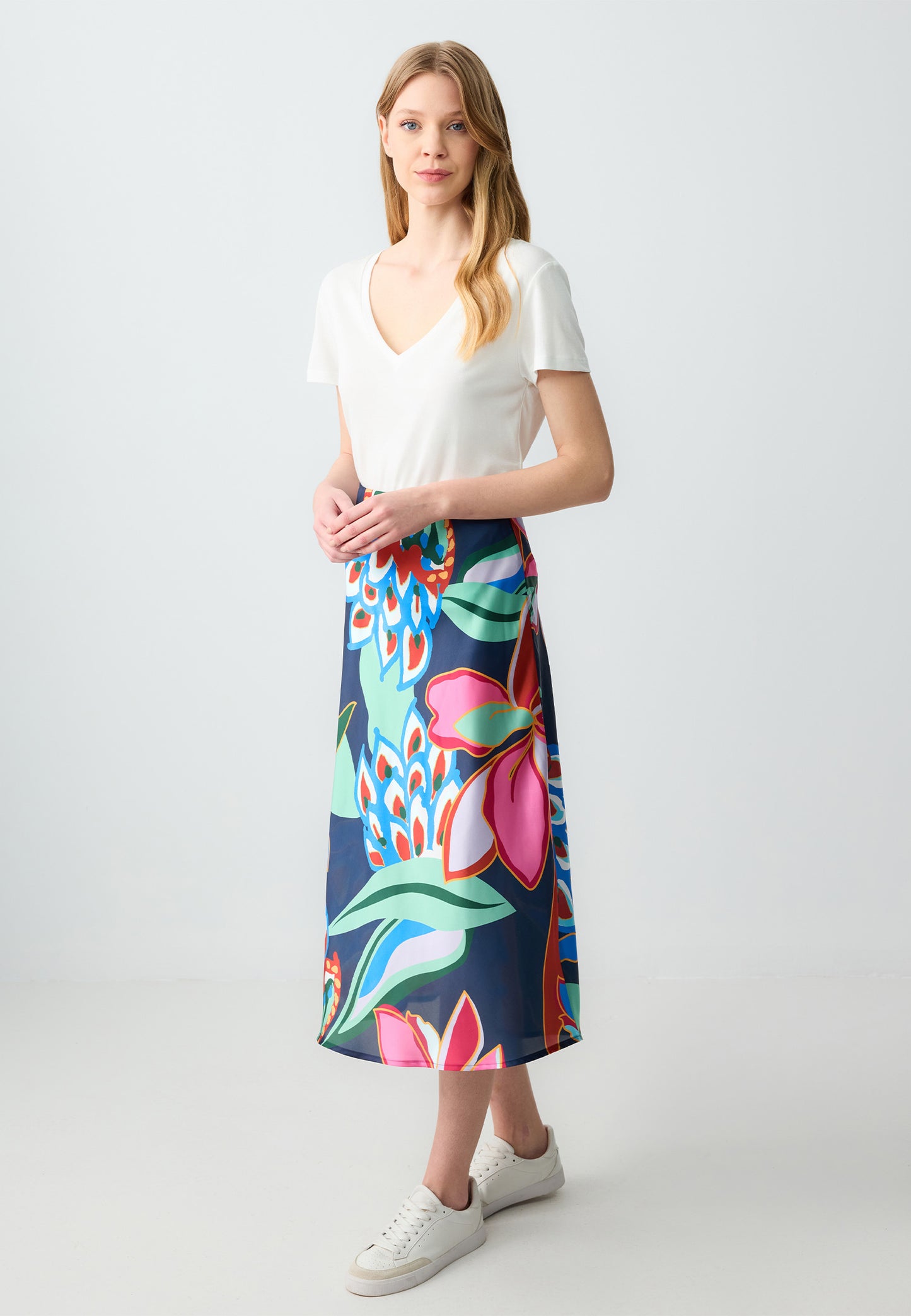 Regular Fit High Waist Midi Length Woven Multi-Coloured Skirt