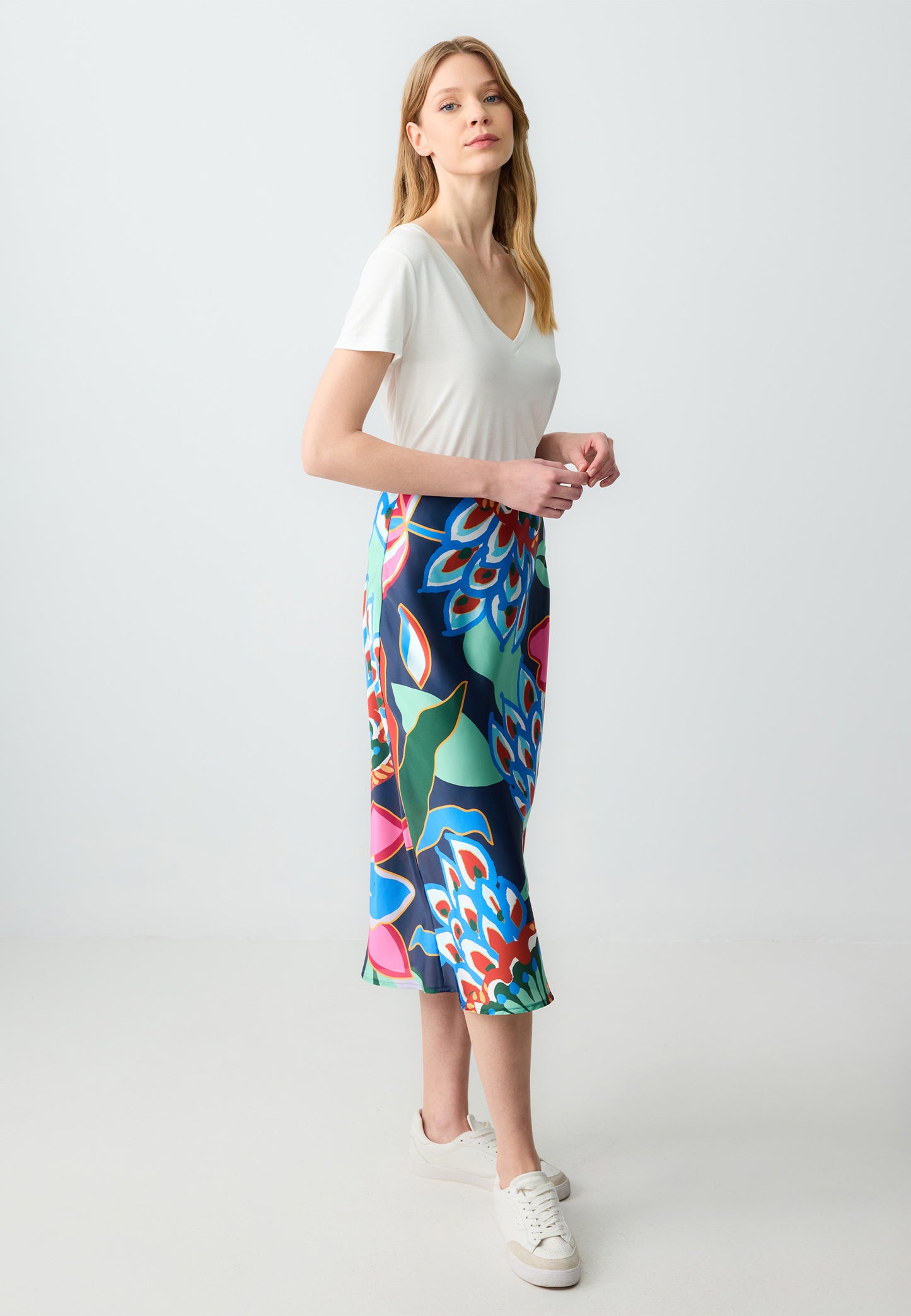 Regular Fit High Waist Midi Length Woven Multi-Coloured Skirt