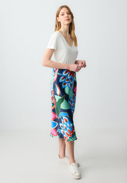 Regular Fit High Waist Midi Length Woven Multi-Coloured Skirt