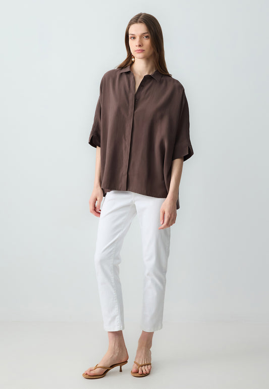 Loose Fit Shirt Collar Woven Biiter Brown Shirt
