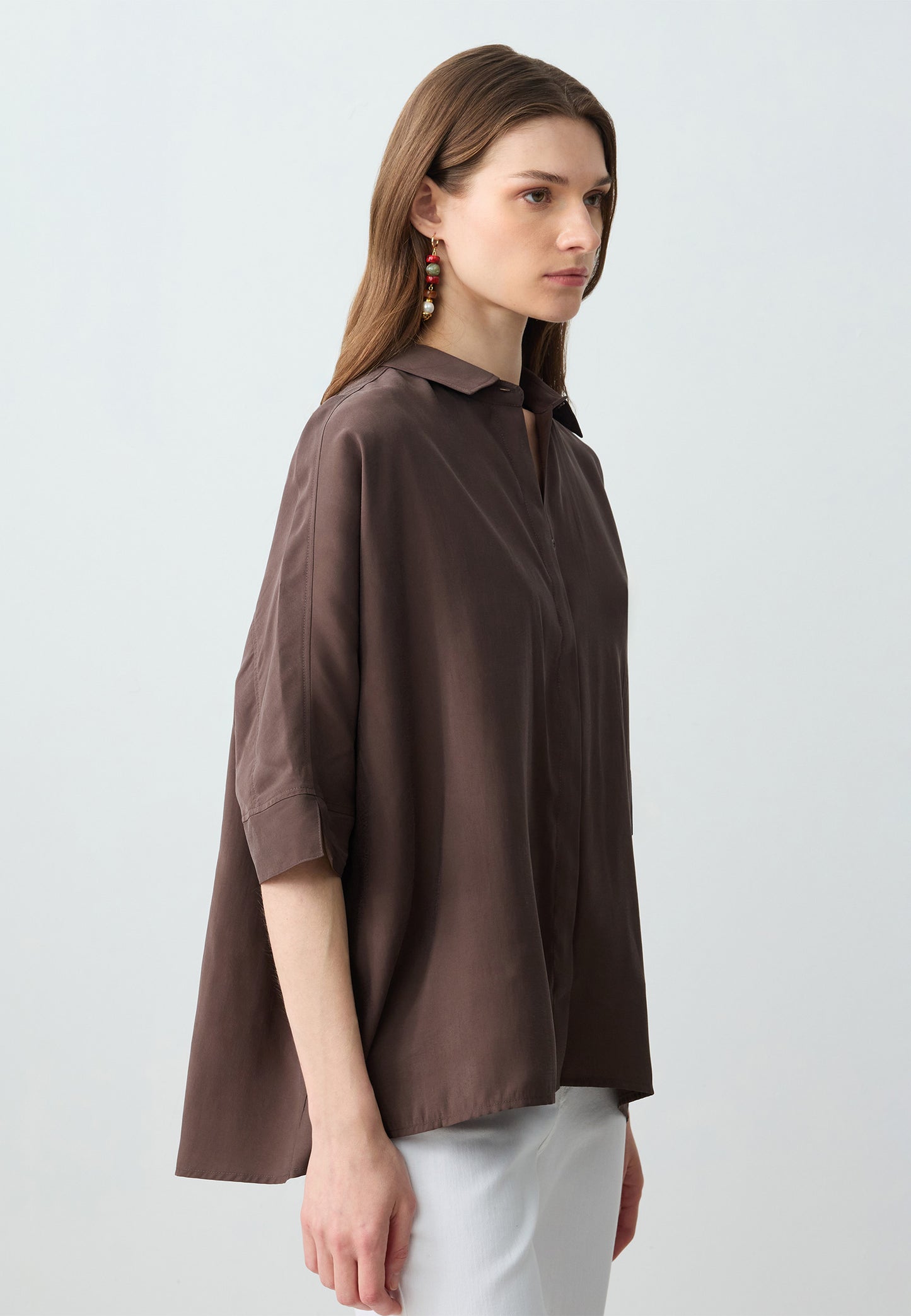 Loose Fit Shirt Collar Woven Biiter Brown Shirt