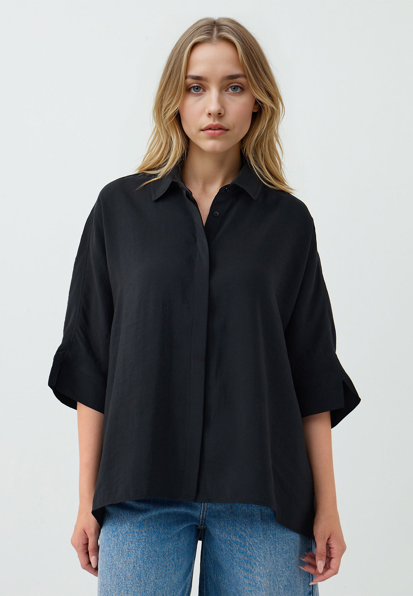 Loose Fit Shirt Collar Woven Black Shirt