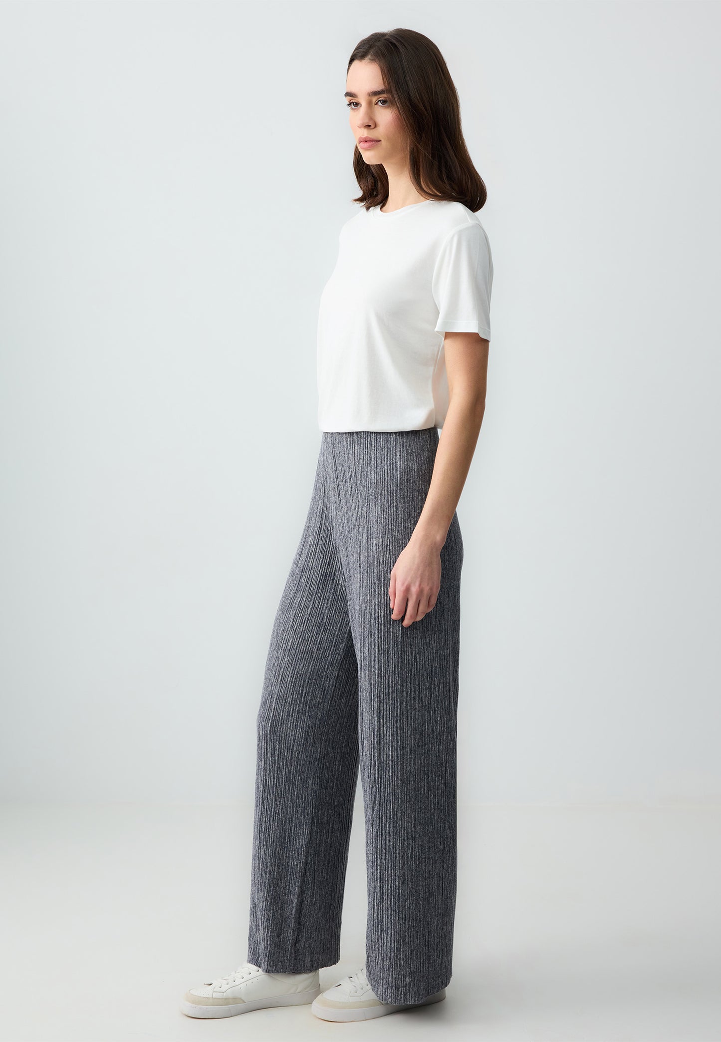 High Waist Line Patterned Wide Leg Knitted Pants
