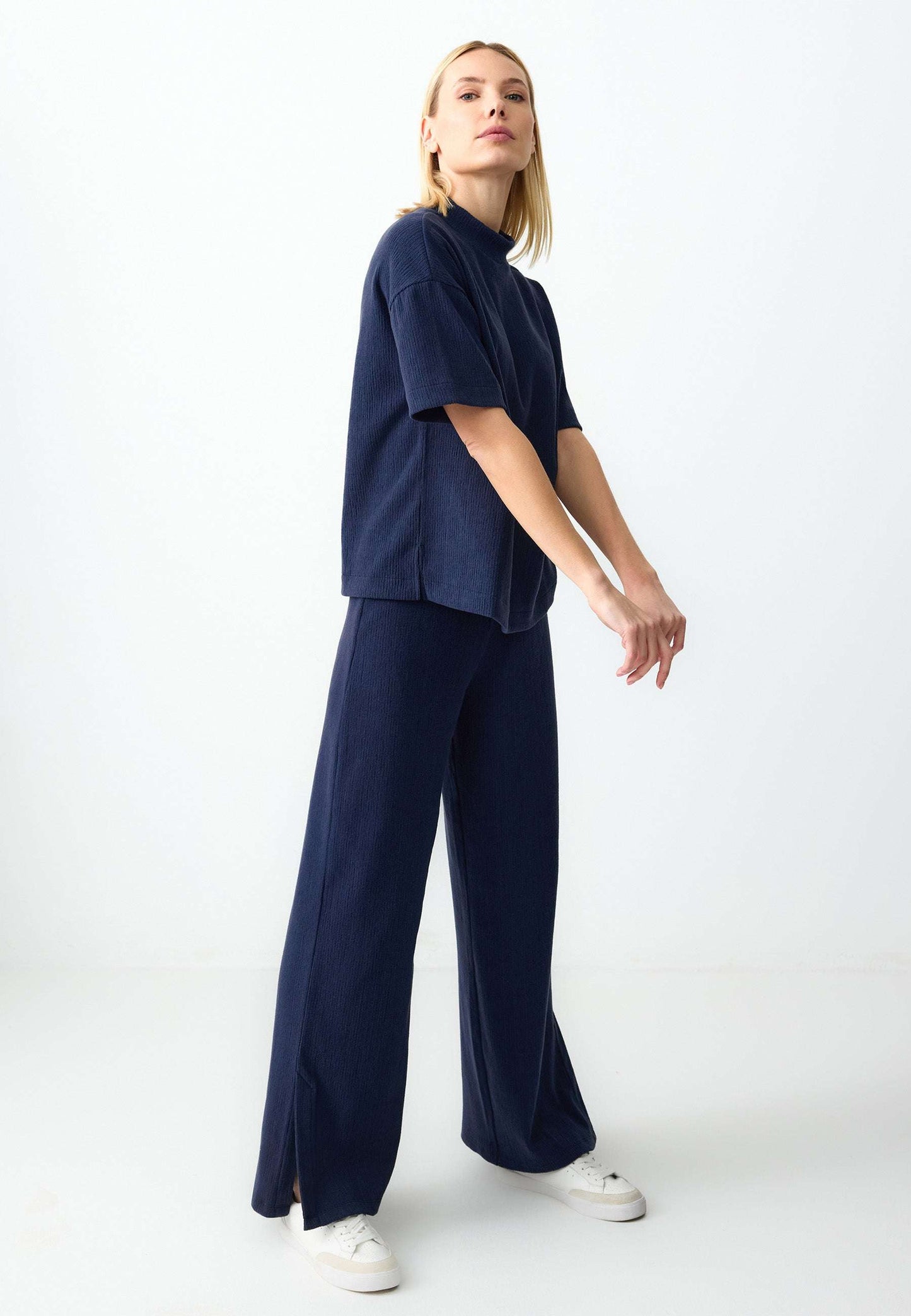 Navy Wide-Leg Textured Trousers