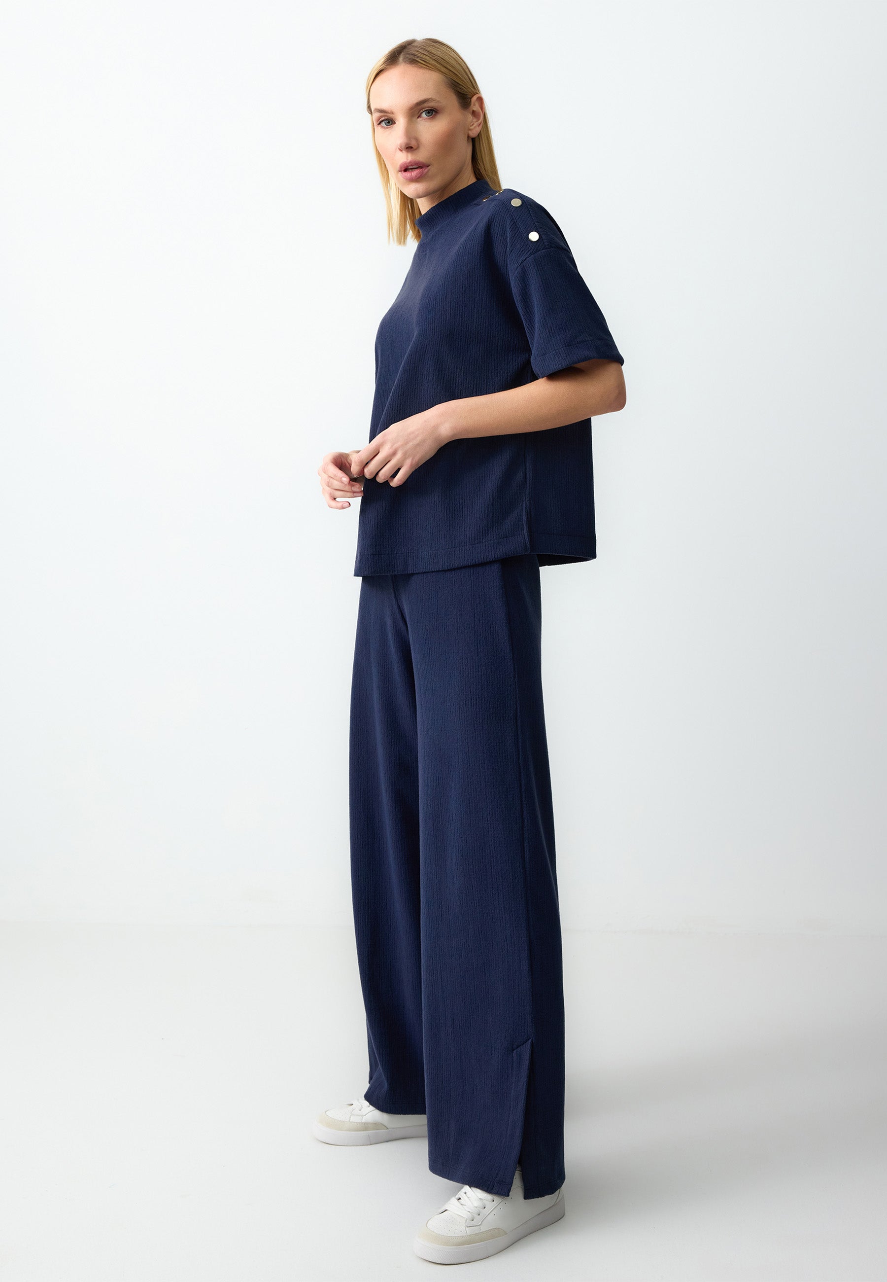 Navy Wide-Leg Textured Trousers