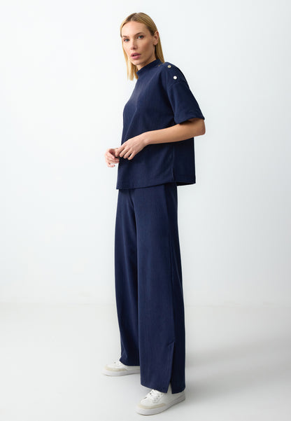 Navy Wide-Leg Textured Trousers