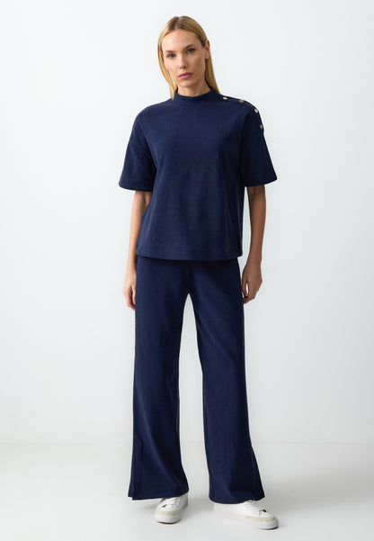 Navy Wide-Leg Textured Trousers