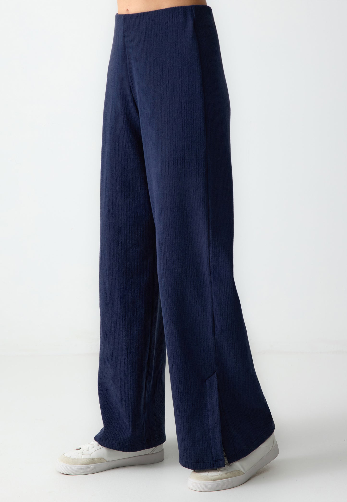 Navy Wide-Leg Textured Trousers