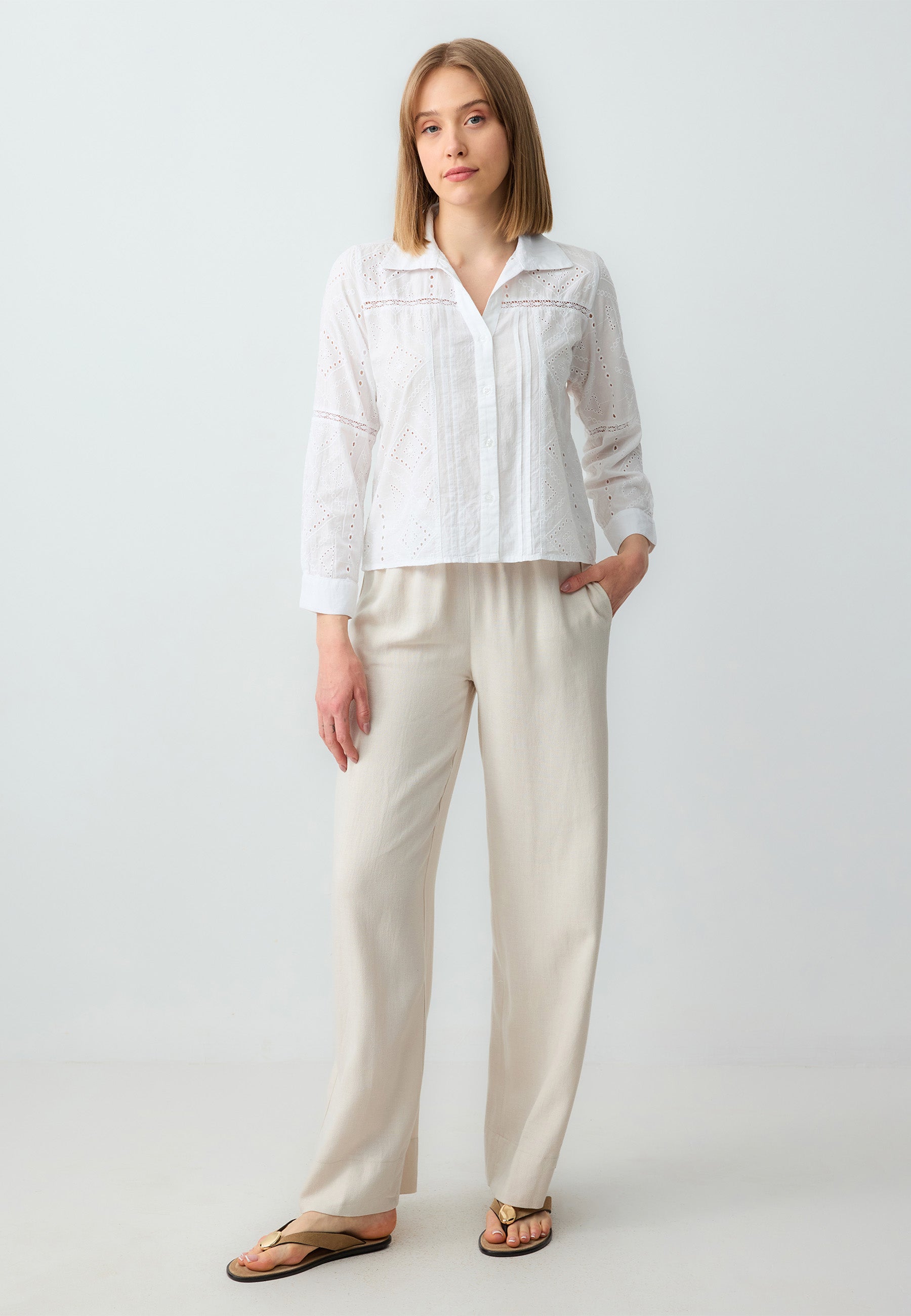 Loose Fit Long Wide Leg Stone Woven Trousers