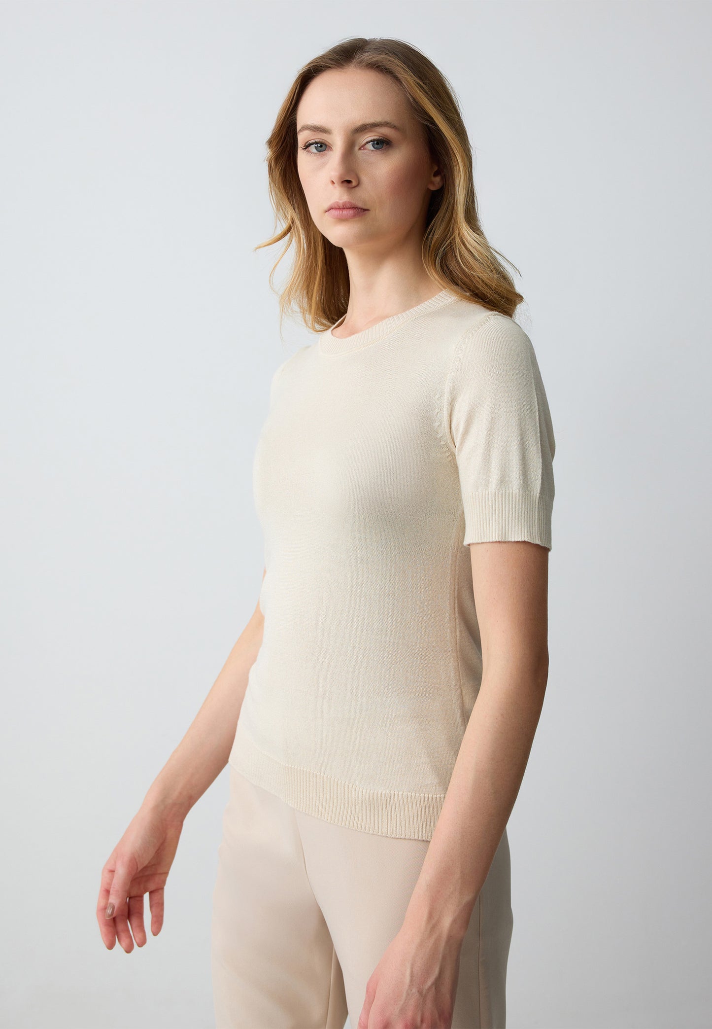 Crew Neck Short Sleeved Tricot Sweater