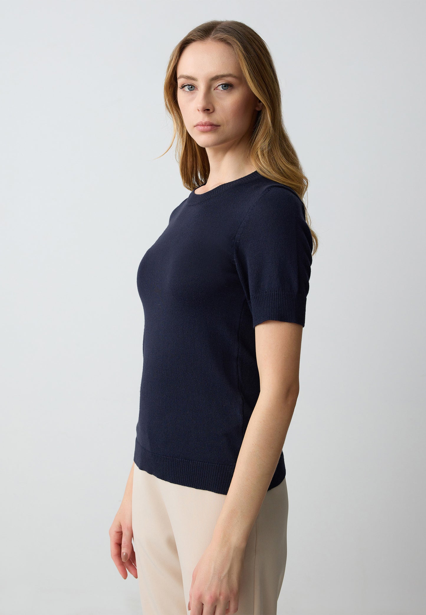 Crew Neck Short Sleeved Tricot Sweater