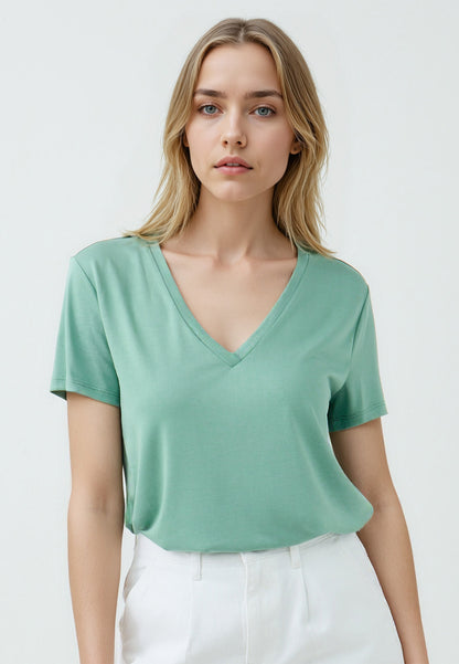 Regular Fit V-neck Knitted Green T-shirt